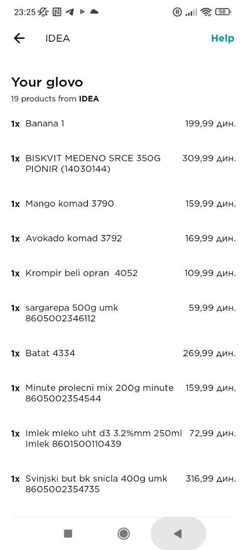 Продукты на 1,5 дня в Glovo обходятся в 3000—3500 динаров