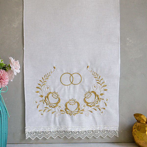 Свадебный рушник с вышивкой "Цветочный-кольца" (золото) (хлопок) Свадебные