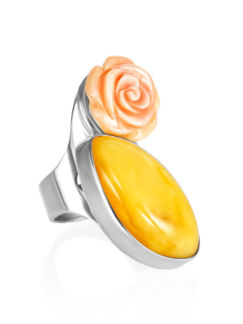 Изысканное кольцо «Розамунда» из серебра с янтарем и стромбусом Amberholl