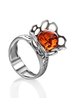 Необычное кольцо из серебра с перфорацией и янтаря «Женева» Amberholl