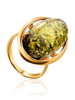 Крупное яркое кольцо с цельным янтарём зелёного цвета «Элегия» Amberholl