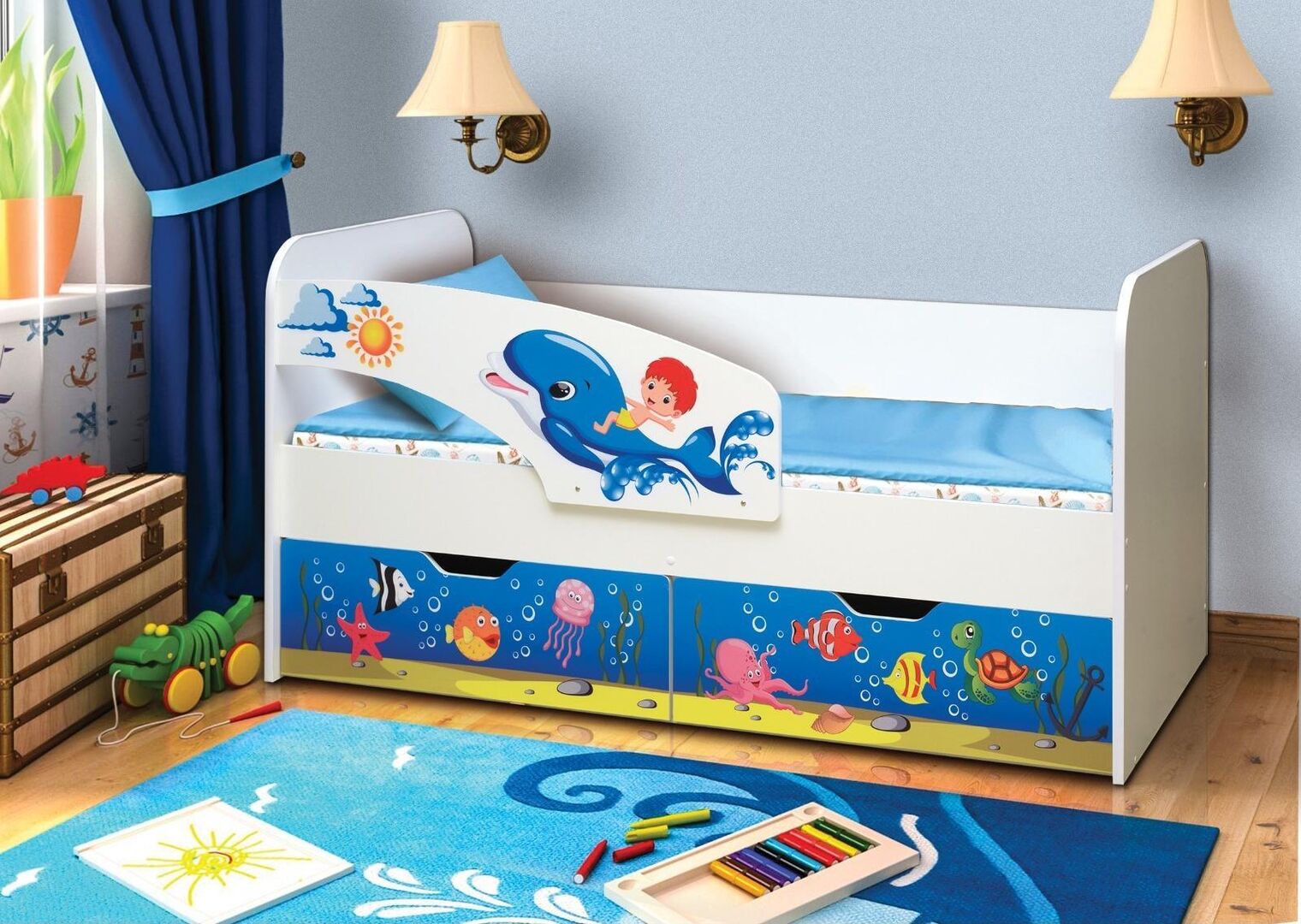Кровать детская с фотопечатью Дельфин 
80х170
