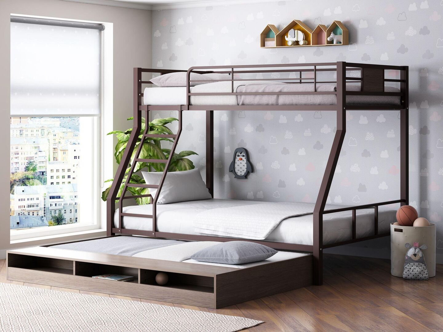 Двухъярусная кровать Гранада-1КВ с выкатным 
спальным местом, Коричневый/Ве