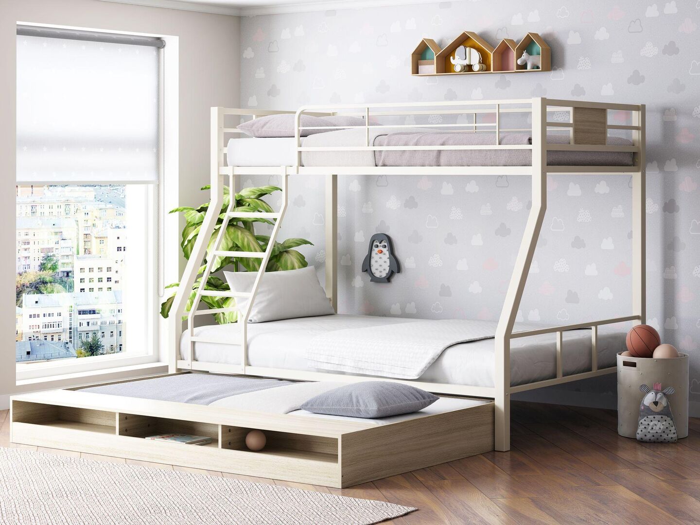 Двухъярусная кровать Гранада-1КВ с выкатным 
спальным местом, Бежевый/Дуб с