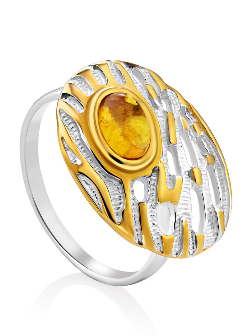 Воздушное ажурное кольцо из серебра с золочением и натурального янтаря «Дон