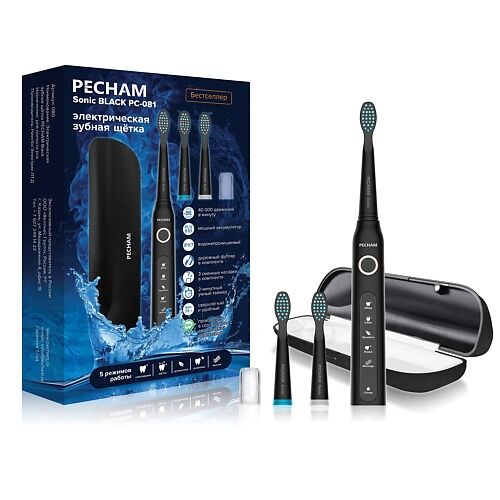 PECHAM Электрическая зубная щетка PECHAM Sonic Black, 3 насадки MPL072176 фото 1